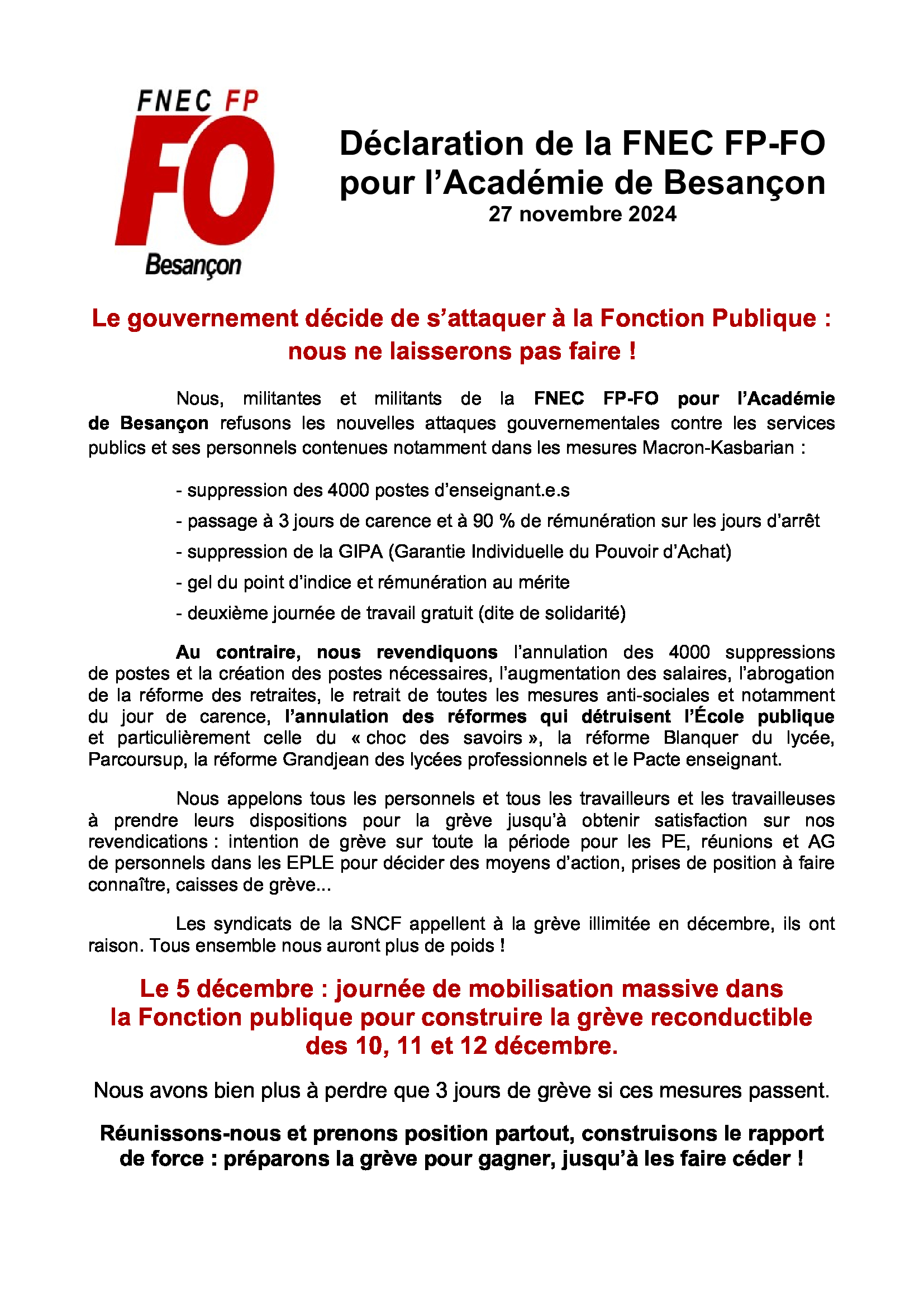 You are currently viewing Mobilisation générale fonction publique le 5 décembre ! Préparons la grève reconductible des 10, 11 et 12 avec les cheminots ! Le gouvernement doit céder !