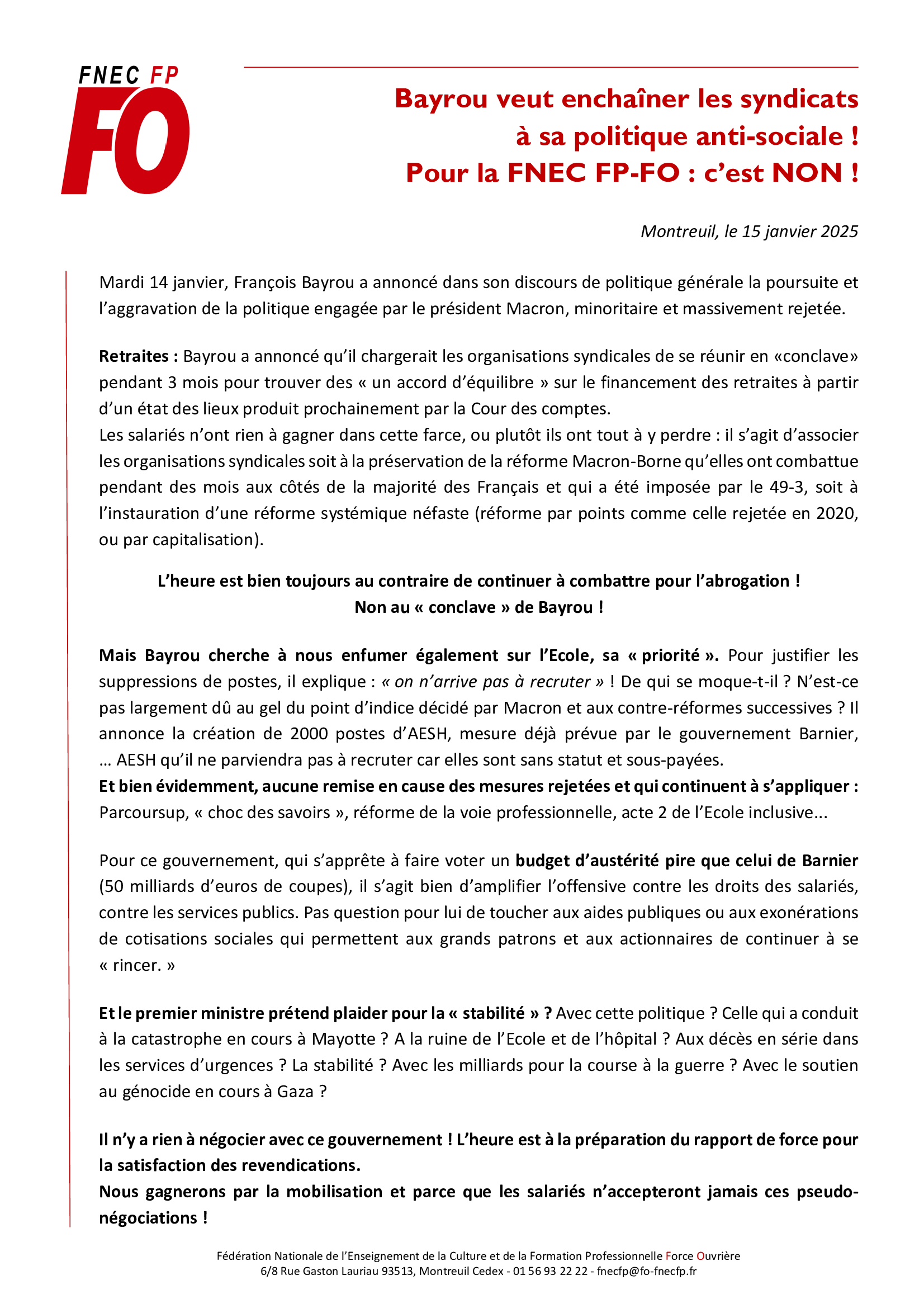 You are currently viewing Bayrou veut enchaîner les syndicats à sa politique anti-sociale ! Pour la FNEC FP-FO : c’est NON !