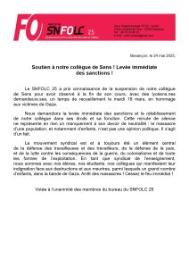 Lire la suite à propos de l’article Prise de position SNFOLC 25 – Collègue suspendue de Sens